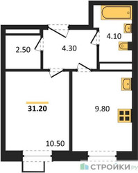 Планировка однокомнатной(квартира) площадью 31.2 квадратных метров в ЖК “ЖК ЭкоБунино (Южное Бунино)”