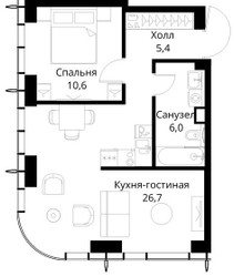 Планировка однокомнатной(квартира) площадью 48.7 квадратных метров в ЖК “ЖК Сити Бэй”