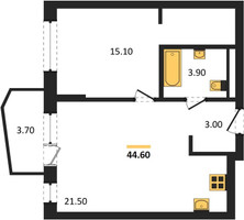 Планировка однокомнатной(квартира) площадью 44.6 квадратных метров в “ЖК "Коллекция"”