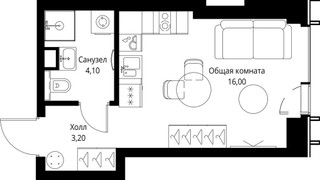 Планировка студии(квартира) площадью 23.3 квадратных метров в “ЖК Веер”