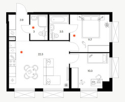 Планировка двухкомнатной(квартира) площадью 54.7 квадратных метров в “ЖК Томилинский бульвар”
