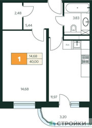 Планировка однокомнатной(квартира) площадью 40 квадратных метров в ЖК “Ласточкино”