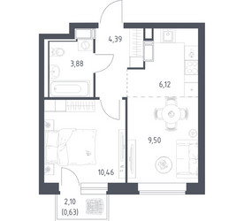 Планировка однокомнатной(квартира) площадью 34.9 квадратных метров в ЖК “ЖК Томилино Парк”