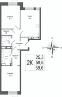 Планировка двухкомнатной(квартира) площадью 59.6 квадратных метров в “ЖК КИНОКВАРТАЛ”