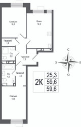 Планировка двухкомнатной(квартира) площадью 59.6 квадратных метров в ЖК “ЖК КИНОКВАРТАЛ”