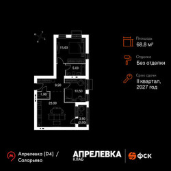 Планировка трехкомнатной(квартира) площадью 68.8 квадратных метров в ЖК “Апрелевка Клаб”