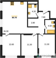 Планировка трехкомнатной(квартира) площадью 80.6 квадратных метров в “ЖК Сиреневый парк”