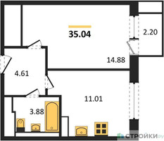 Планировка однокомнатной(квартира) площадью 35.04 квадратных метров в “ЖК Пятницкие луга”