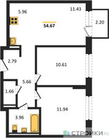 Планировка двухкомнатной(квартира) площадью 54.67 квадратных метров в “ЖК Пригород Лесное”