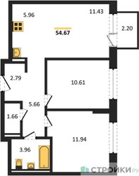 Планировка двухкомнатной(квартира) площадью 54.67 квадратных метров в ЖК “ЖК Пригород Лесное”