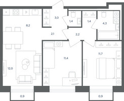 Планировка трехкомнатной(квартира) площадью 58.3 квадратных метров в “ЖК Равновесие”