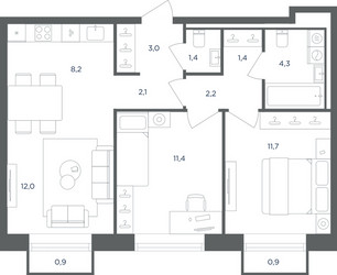 Планировка трехкомнатной(квартира) площадью 58.3 квадратных метров в ЖК “ЖК Равновесие”