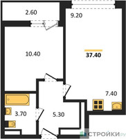 Планировка однокомнатной(квартира) площадью 37.4 квадратных метров в “ЖК Родные кварталы”