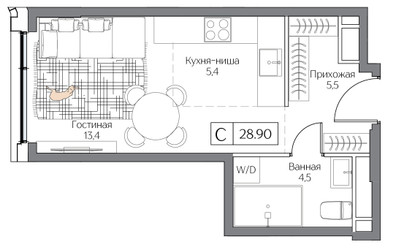 Планировка студии(квартира) площадью 28 квадратных метров в ЖК “ЖК Dream Riva (Дрим Рива)”