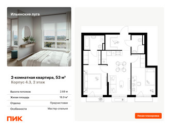 Планировка двухкомнатной(квартира) площадью 53 квадратных метров в ЖК “ЖК Ильинские луга”