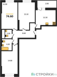 Планировка трехкомнатной(квартира) площадью 74.6 квадратных метров в ЖК “ЖК Рассказово”