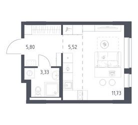 Планировка студии(квартира) площадью 26.38 квадратных метров в ЖК “ЖК Новое Видное”