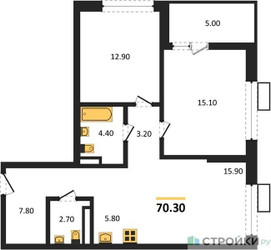 Планировка двухкомнатной(квартира) площадью 70.3 квадратных метров в ЖК “ЖК Дзен-кварталы”