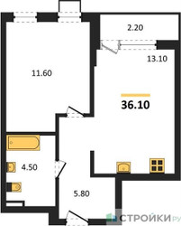 Планировка однокомнатной(квартира) площадью 36.1 квадратных метров в ЖК “ЖК Деснаречье”
