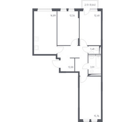 Планировка трехкомнатной(квартира) площадью 75.8 квадратных метров в ЖК “ЖК Остафьево”