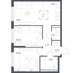 Планировка двухкомнатной(квартира) площадью 52.2 квадратных метров в ЖК “ЖК Пригород Лесное”