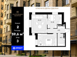 Планировка двухкомнатной(квартира) площадью 59.6 квадратных метров в “ЖК Театральный квартал”