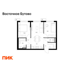 Планировка двухкомнатной(квартира) площадью 51.1 квадратных метров в ЖК “ЖК Восточное Бутово”