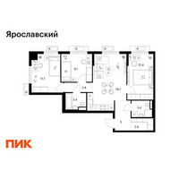Планировка трехкомнатной(квартира) площадью 70.4 квадратных метров в “ЖК Ярославский”