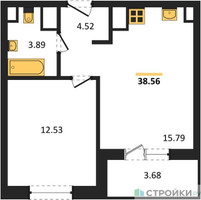 Планировка однокомнатной(квартира) площадью 38.56 квадратных метров в “ЖК Светлый мир Станция Л”