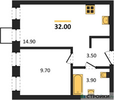 Планировка однокомнатной(квартира) площадью 32 квадратных метров в “ЖК Никольский квартал Отрада”