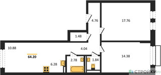 Планировка двухкомнатной(квартира) площадью 64.2 квадратных метров в “ЖК Рублевский Квартал”