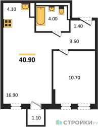 Планировка однокомнатной(квартира) площадью 40.9 квадратных метров в ЖК “ЖК Молжаниново”