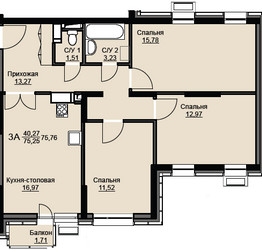 Планировка трехкомнатной(квартира) площадью 76.5 квадратных метров в ЖК “ЖК Соболевка”