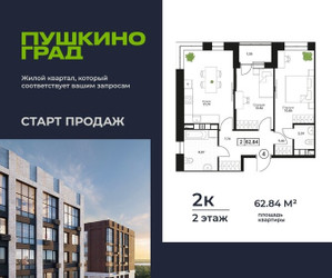 Планировка двухкомнатной(квартира) площадью 62.84 квадратных метров в ЖК “ЖК Пушкино Град”