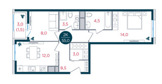 Планировка двухкомнатной(квартира) площадью 55 квадратных метров в “ЖК РУСИЧ-Кантемировский”
