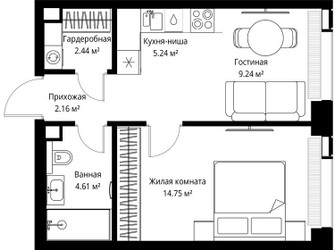 Планировка однокомнатной(квартира) площадью 38.44 квадратных метров в ЖК “ЖК Веер”