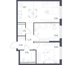 Планировка двухкомнатной(квартира) площадью 52.2 квадратных метров в ЖК “ЖК Пригород Лесное”