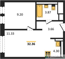Планировка однокомнатной(квартира) площадью 32.36 квадратных метров в “ЖК Молжаниново”