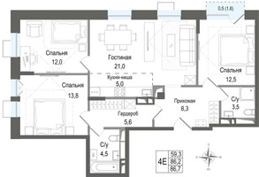 Планировка 4+ комнатной(квартира) площадью 86.2 квадратных метров в “ЖК КИНОКВАРТАЛ”