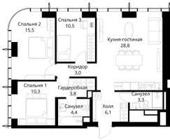 Планировка трехкомнатной(квартира) площадью 85.7 квадратных метров в “ЖК Сити Бэй”