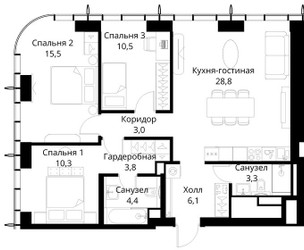 Планировка трехкомнатной(квартира) площадью 85.7 квадратных метров в ЖК “ЖК Сити Бэй”