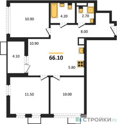Планировка трехкомнатной(квартира) площадью 66.1 квадратных метров в ЖК “ЖК Скандинавия”