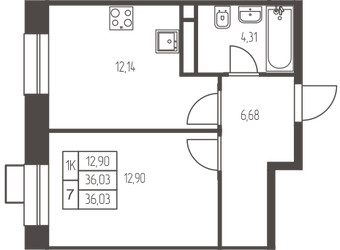 Планировка однокомнатной(квартира) площадью 36 квадратных метров в ЖК “ЖК Новая Ивантеевка”