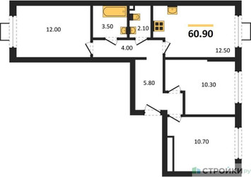 Планировка трехкомнатной(квартира) площадью 60.9 квадратных метров в ЖК “ЖК Лучи-2”