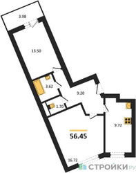 Планировка двухкомнатной(квартира) площадью 56.3 квадратных метров в ЖК “ЖК Домодедово Парк”