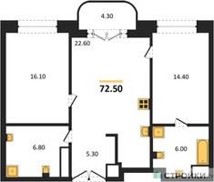 Планировка двухкомнатной(квартира) площадью 72.5 квадратных метров в “ЖК Большая Татарская 35”