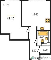 Планировка однокомнатной(квартира) площадью 45.1 квадратных метров в “ЖК Nagatino i-Land (Нагатино ай-лэнд)”