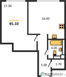 Планировка однокомнатной(квартира) площадью 45.1 квадратных метров в ЖК “ЖК Nagatino i-Land (Нагатино ай-лэнд)”