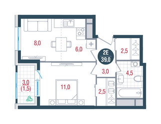 Планировка двухкомнатной(квартира) площадью 39 квадратных метров в ЖК “ЖК РУСИЧ-Кантемировский”