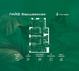 Планировка трехкомнатной(квартира) площадью 81.03 квадратных метров в ЖК “Жилой квартал Лайф Варшавская”